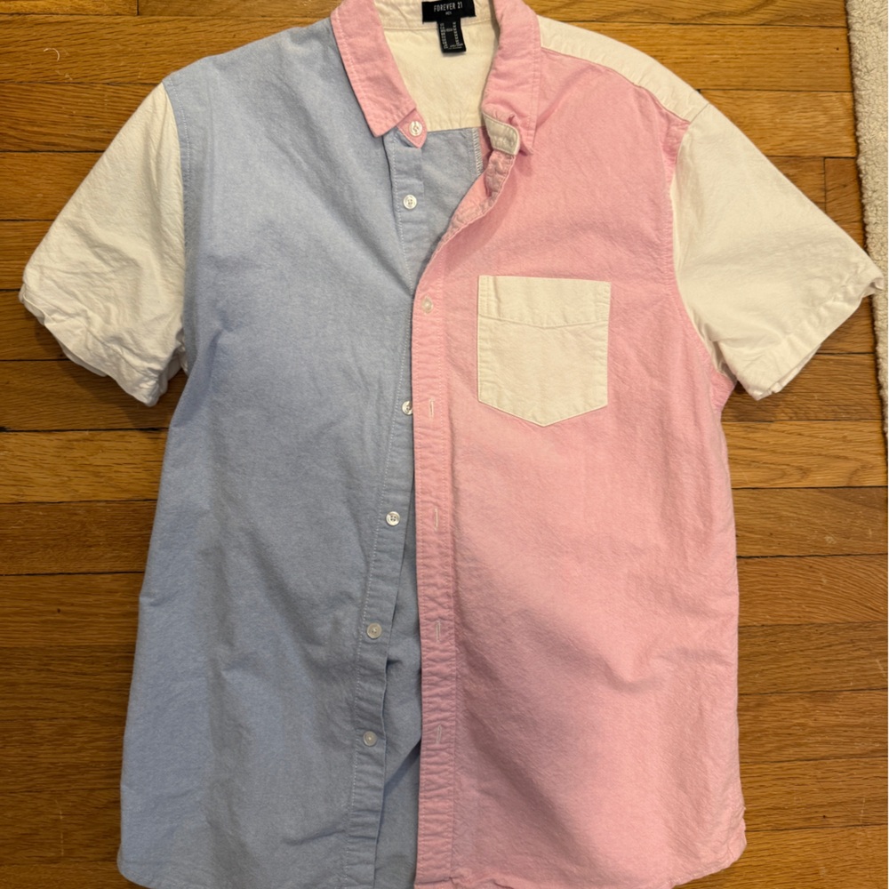Forever 21 Pastel Pink & Blue Colorblock Shirt - Men's M